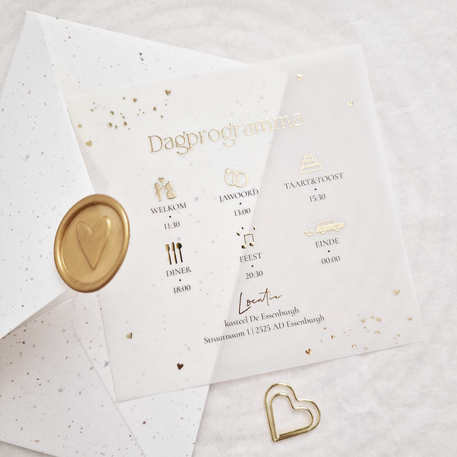 Extra informatie kaartje huwelijk icoontjes kalkpapier goudfolie