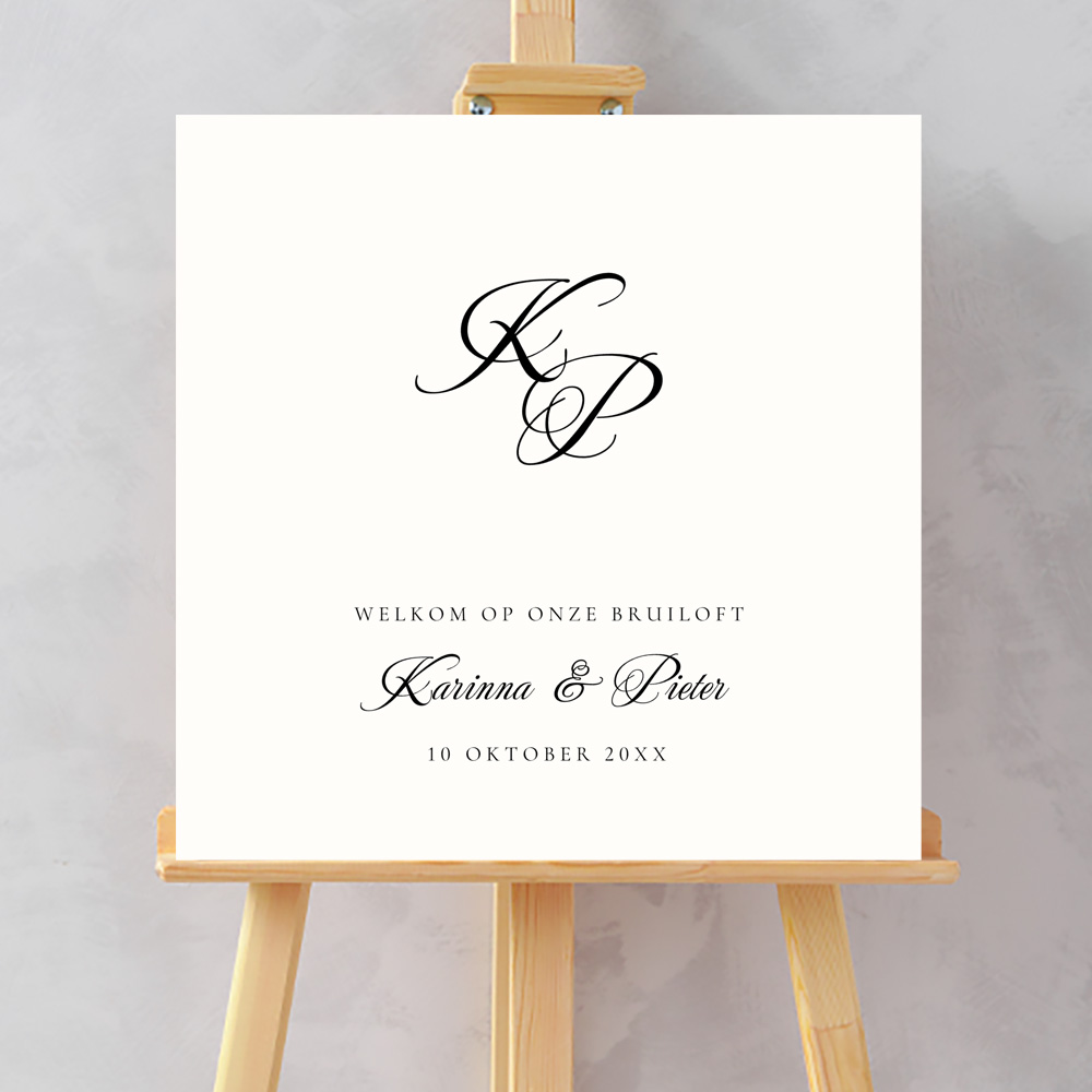 Bruiloftsbord wit initialen naam sierlijke letters