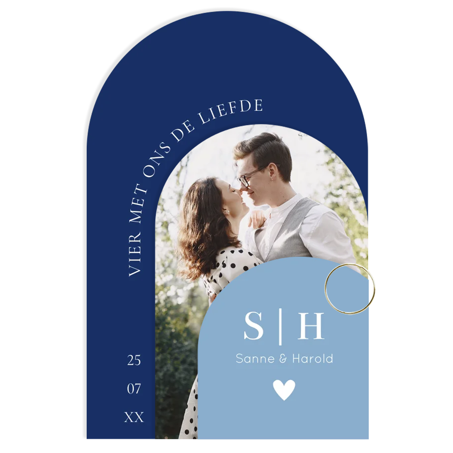 Stapelkaart trouwkaart blauw boog modern met foto