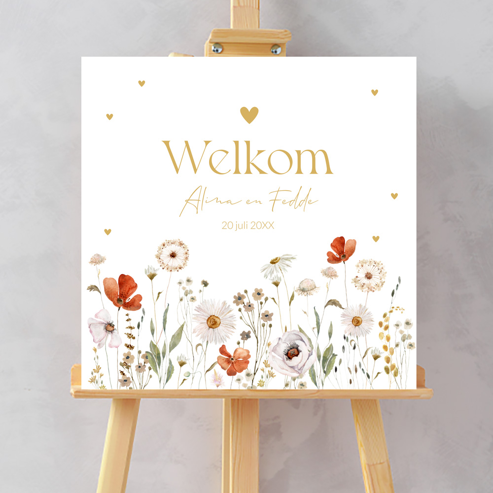 Bruiloftsbord wild flowers rood wit vierkant
