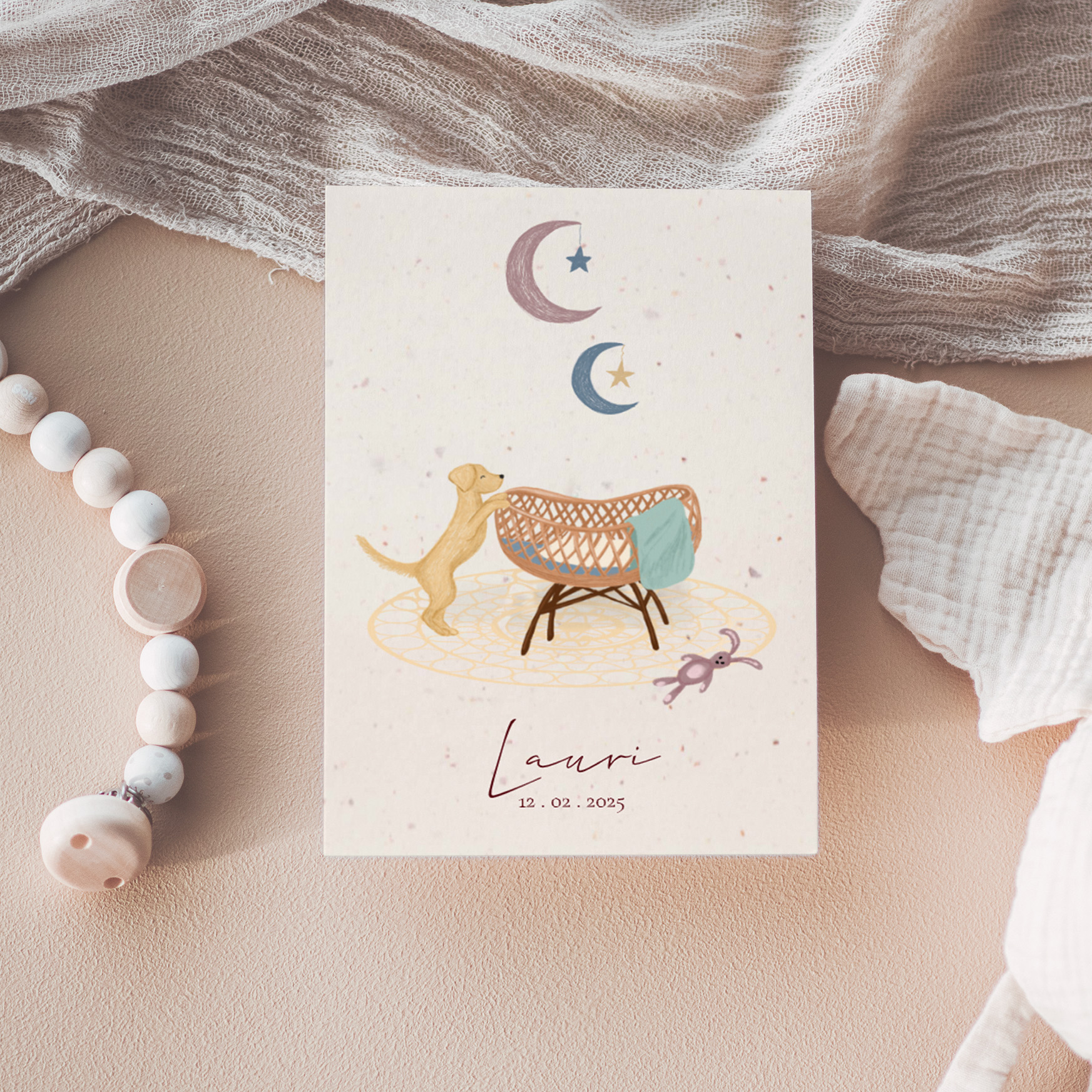 Geboortekaartje met wiegje en hond