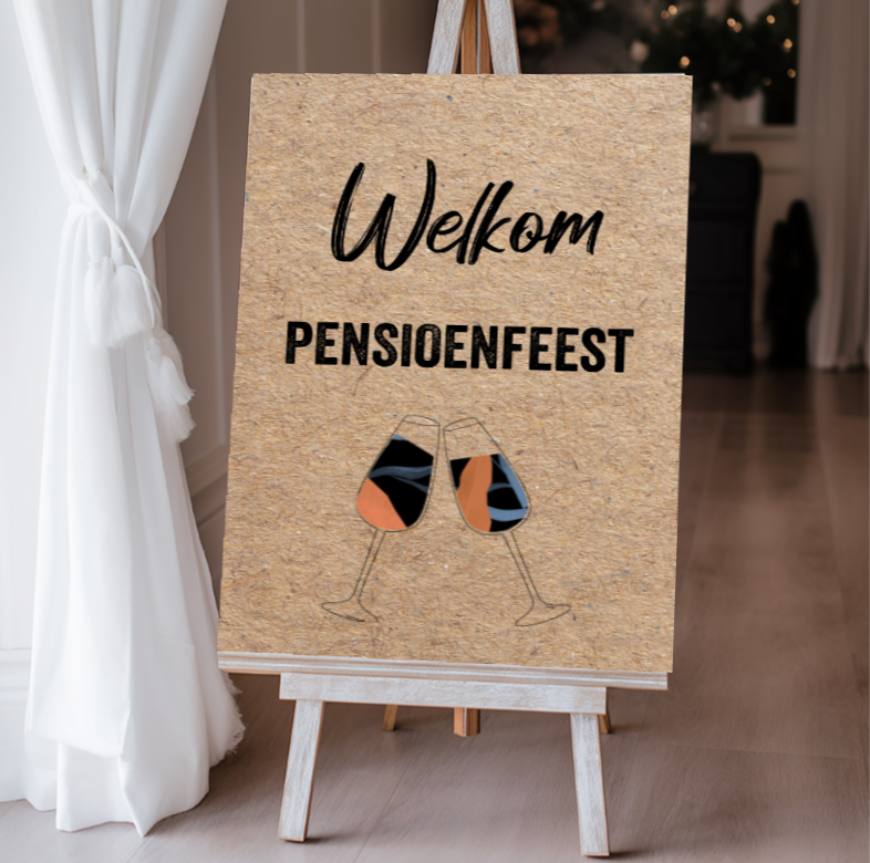 Welkomstbord modern pensioenfeest wijn glazen