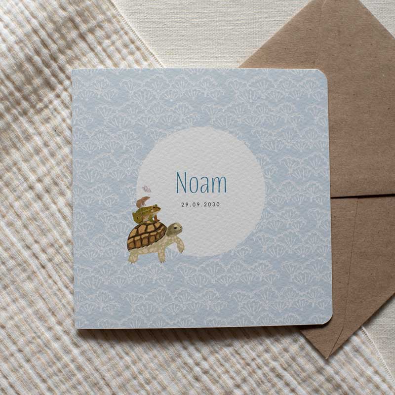Geboortekaartje jongen dieren stapel schildpad kikker muis