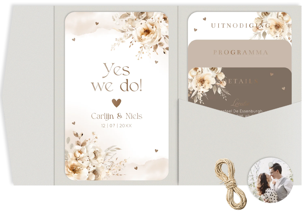 Pocketfold trouwkaart beige bloemen foliedruk