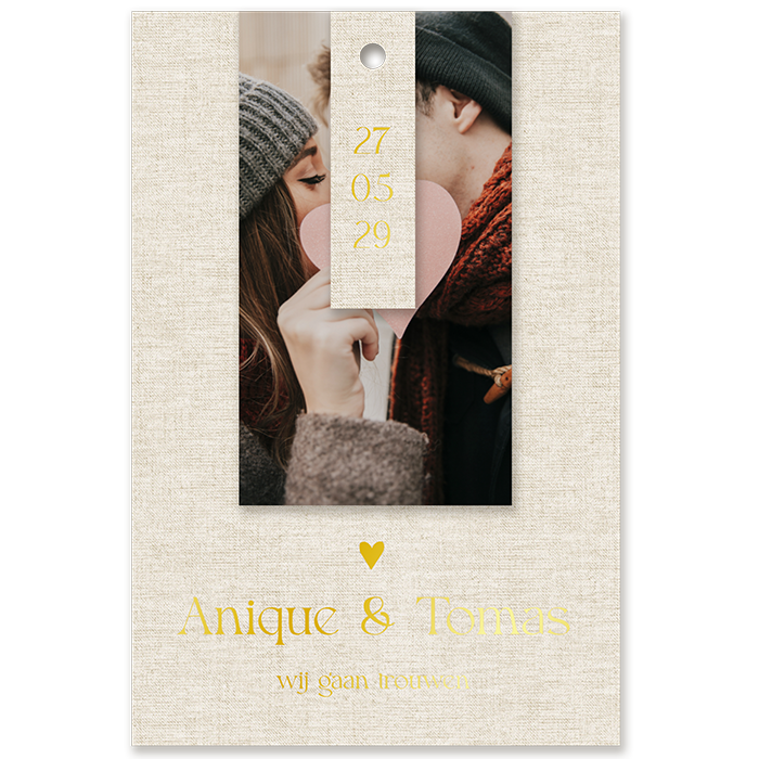 Linnenlook trouwkaart met labels en foto