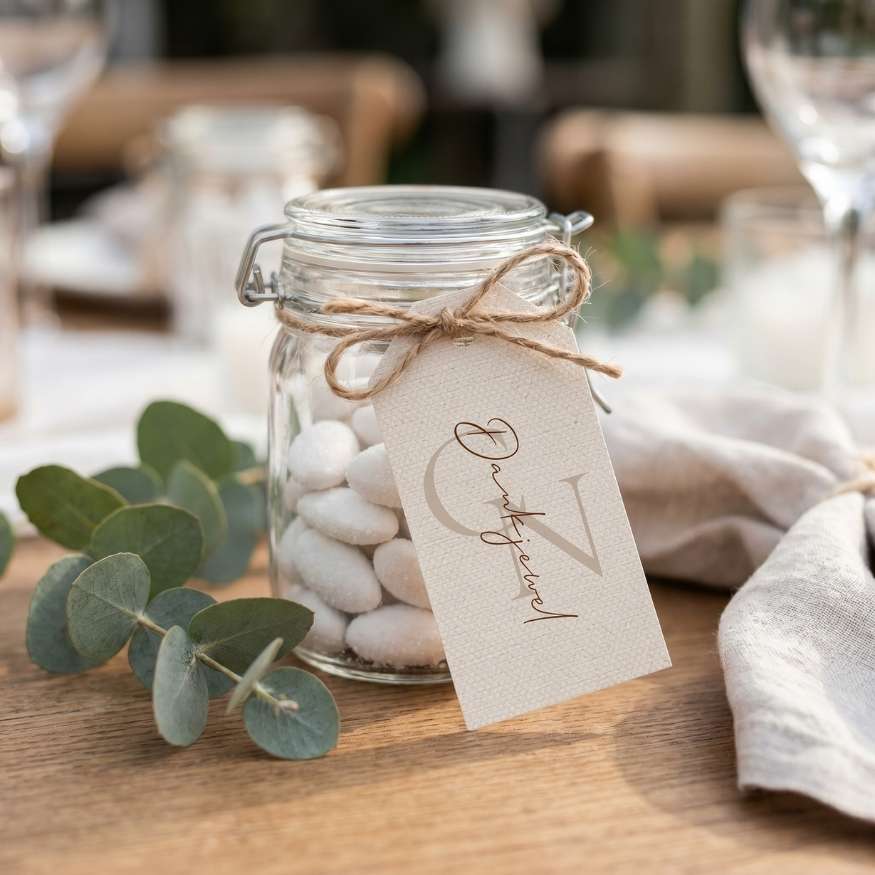 Bedankt label bruiloft monogram linnen look