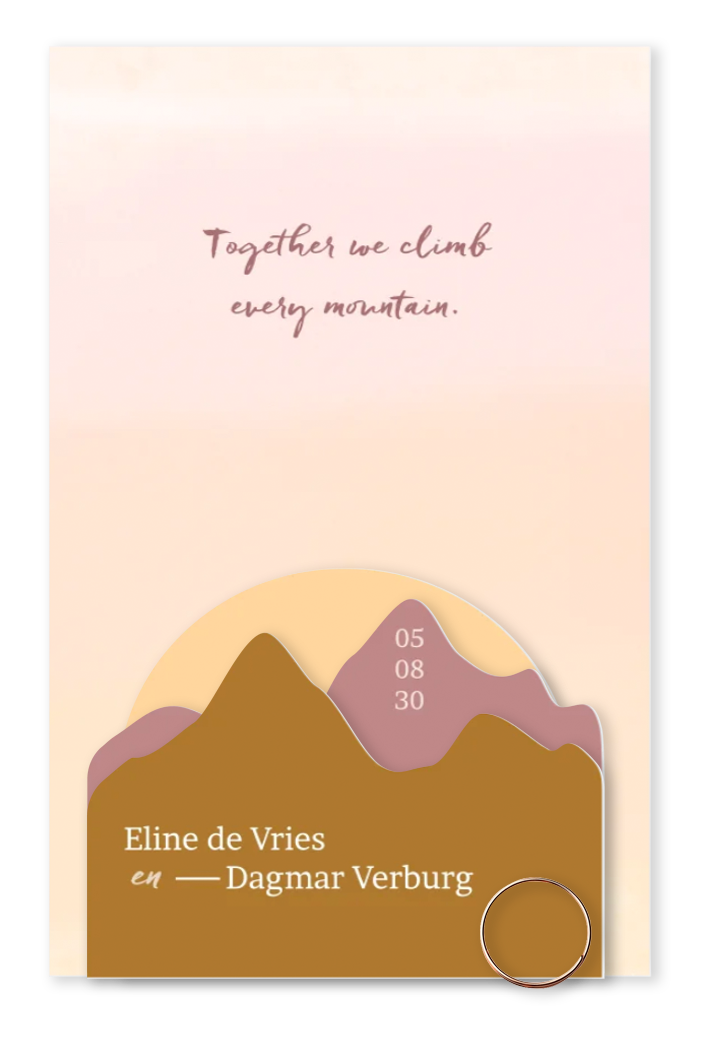 Labelkaart trouwkaart bergen en ondergaande zon 