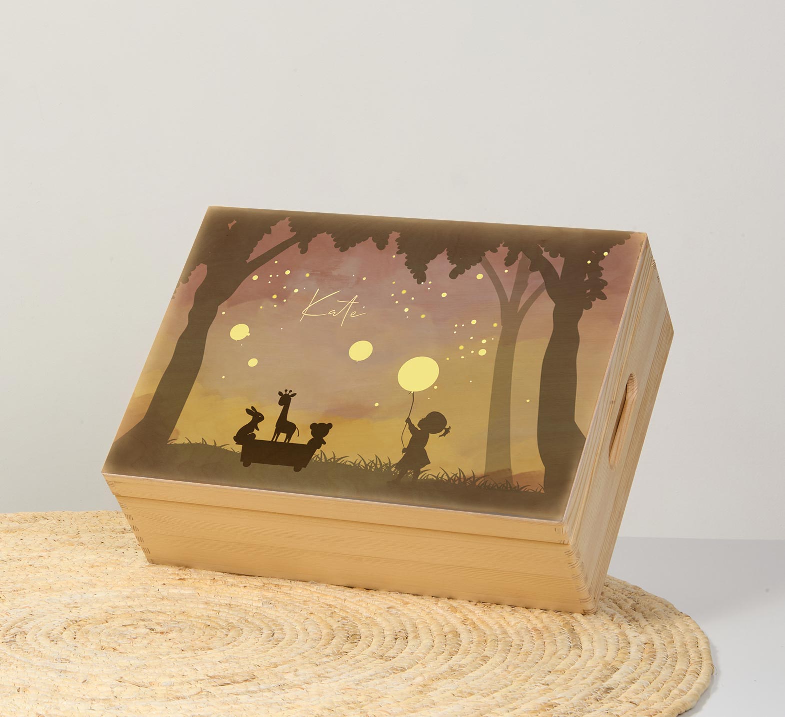 Memorybox winterliefde silhouet meisje met ballon in het bos