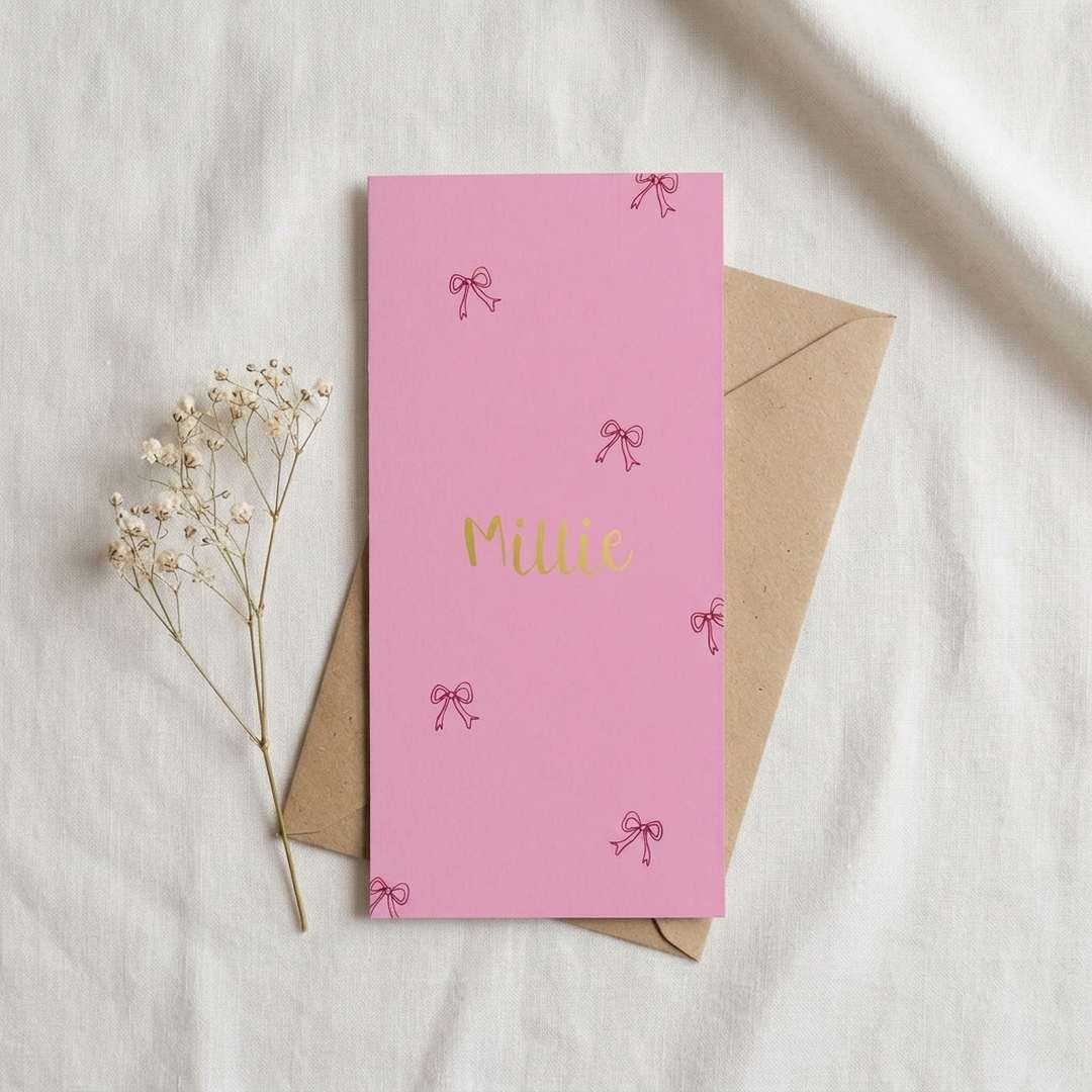 Roze geboortekaartje meisje strikjes