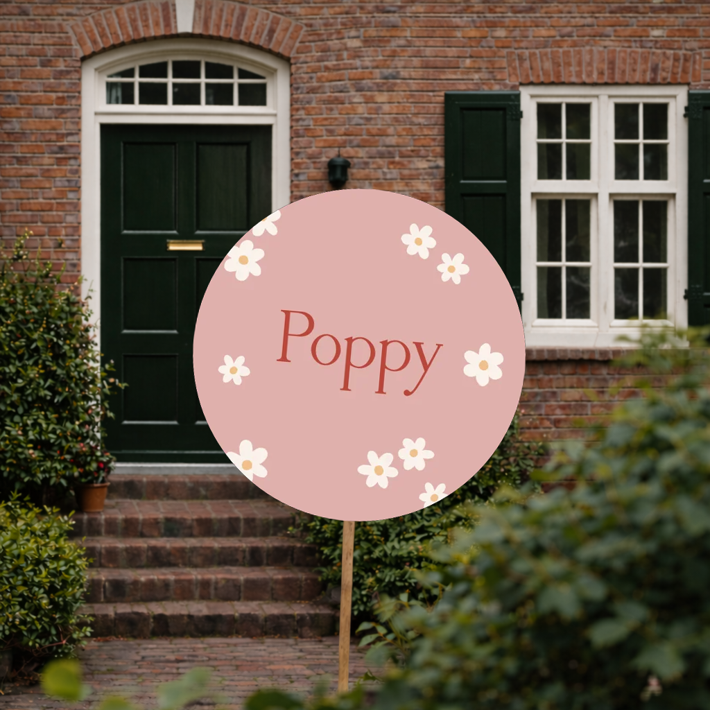 Rond roze tuinbord met lieve bloemetjes – Bloemen geboortebord tuin