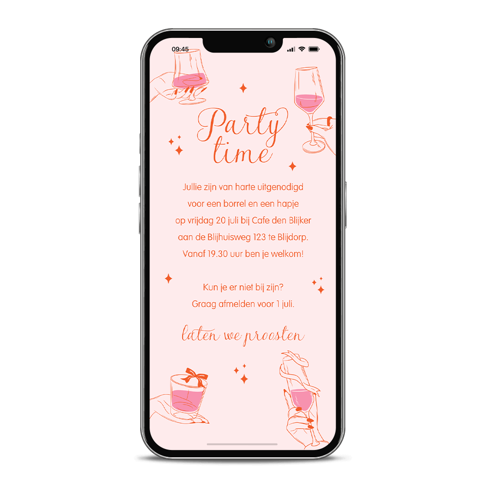 Digitale party time uitnodiging met proostende glazen