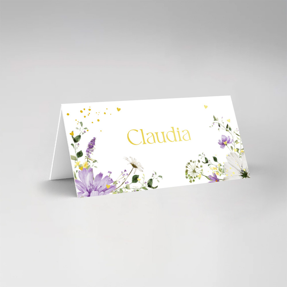 Bruiloft naamkaartjes dubbel gevouwen paarse bloemen goudfolie Twiggy