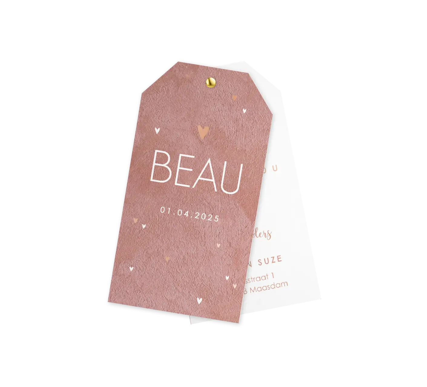 Lief label geboortekaartje met velvetlook, roségoudfolie en hartjes