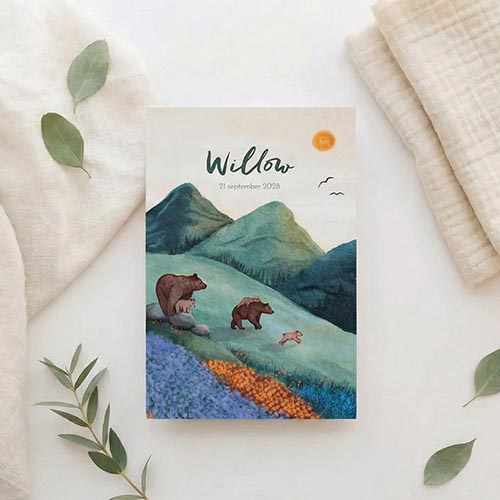 Geboortekaartje beren familie bloemen bergen