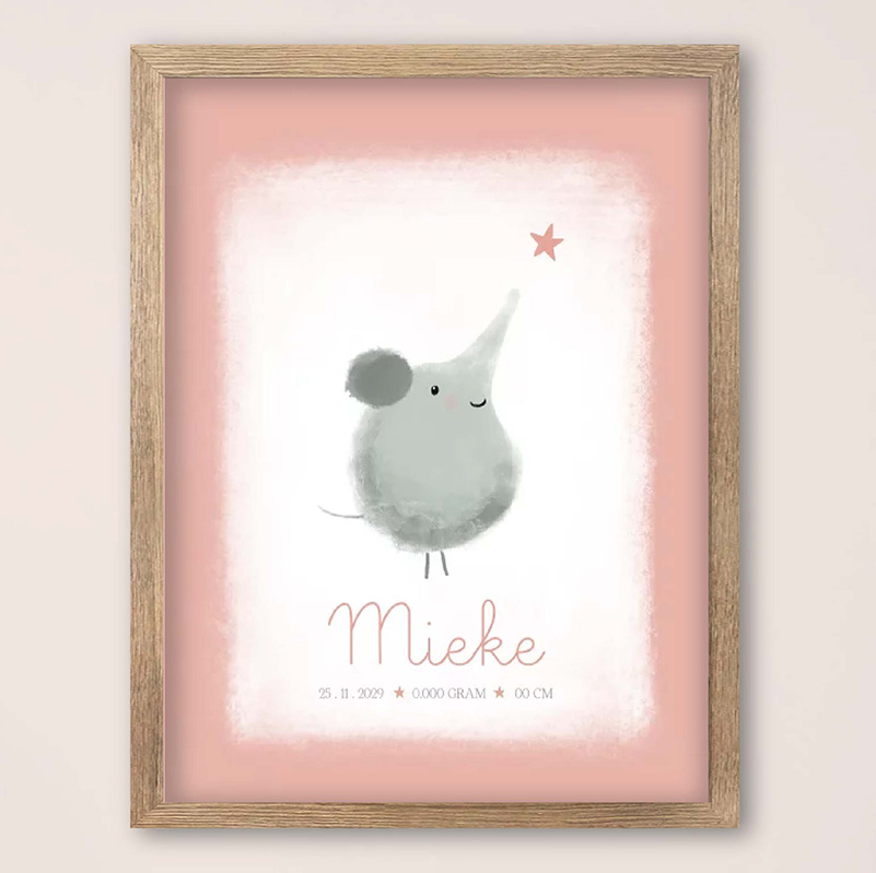 Geboorteposter meisje roze met olifantje 