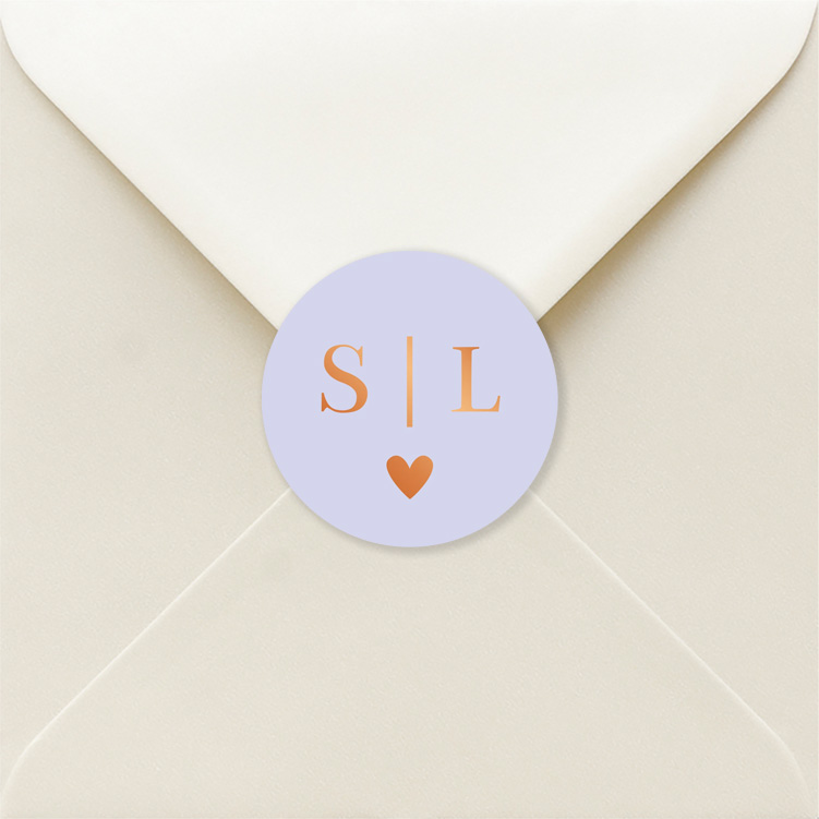 Sluitzegels rond huwelijk lila initialen hartje koperfolie