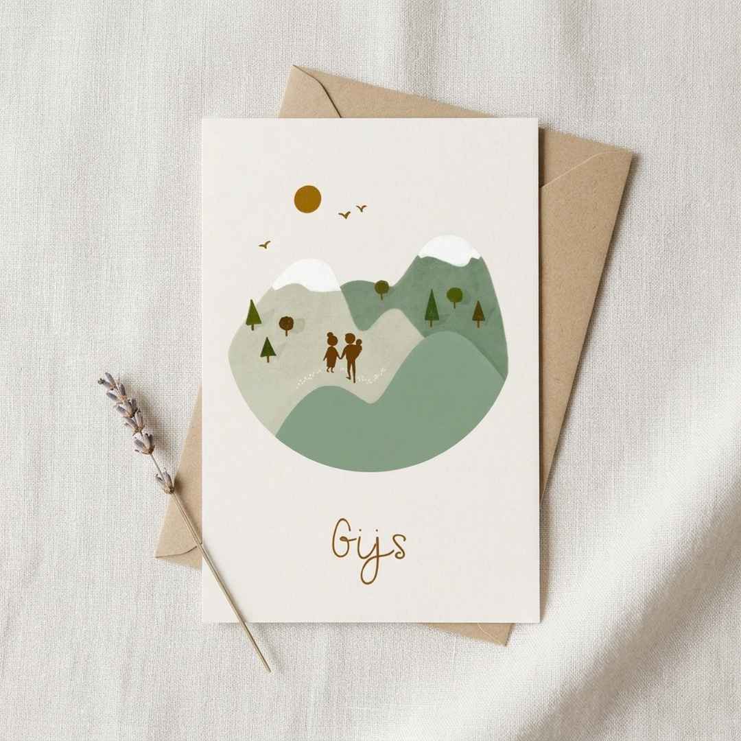 Geboortekaartje bergen silhouette gezin groentinten