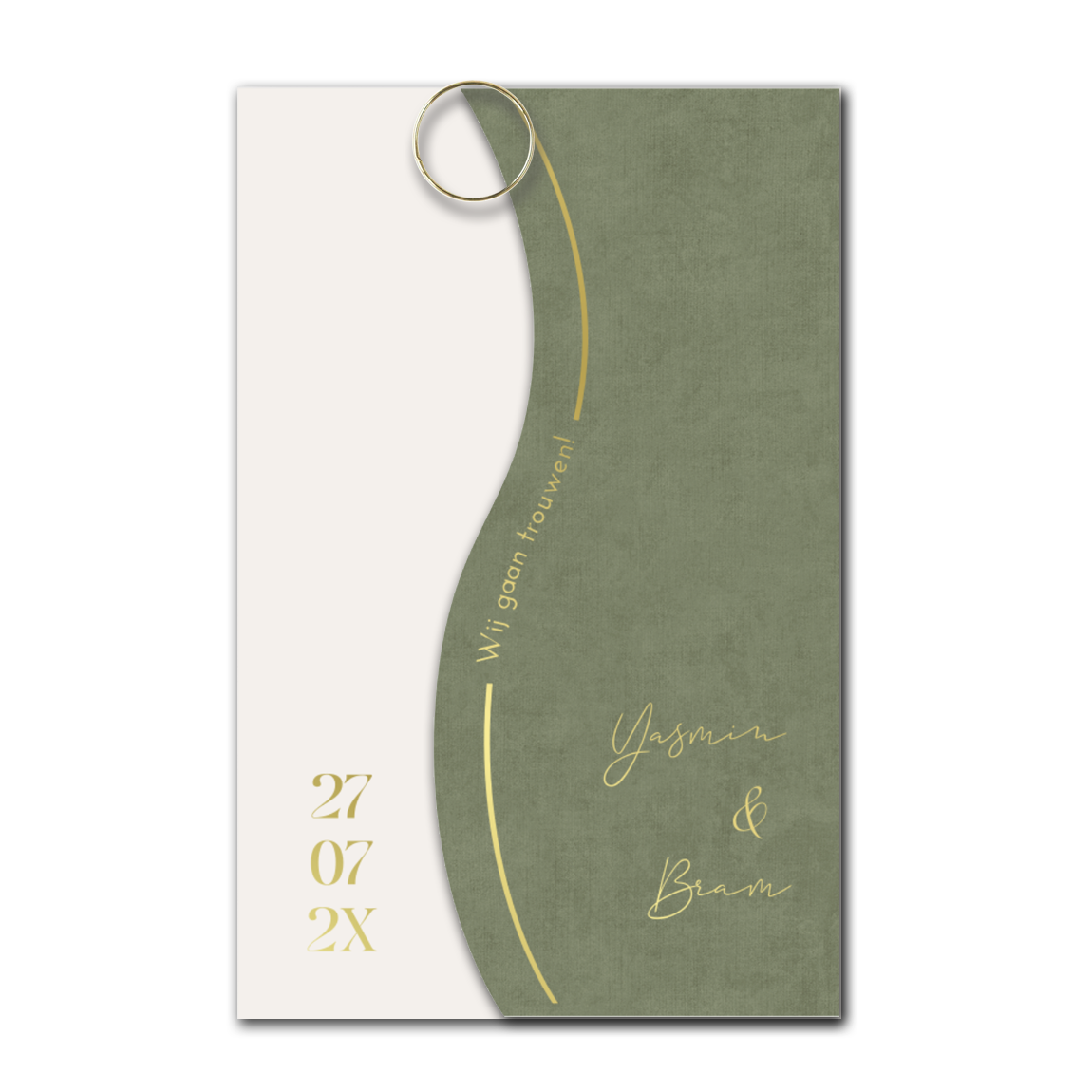 Tweedelige trouwkaart met goudfolie golvende rand velvet achtergrond