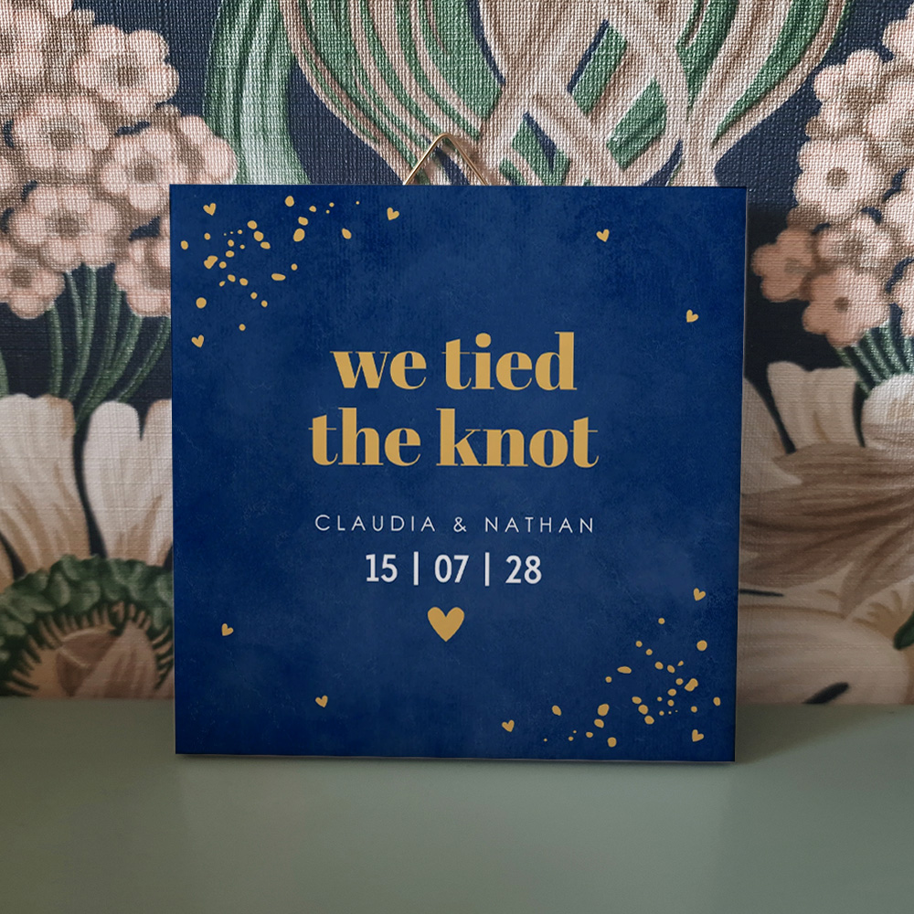 Tegeltje bruiloft donkerblauw eigen tekst