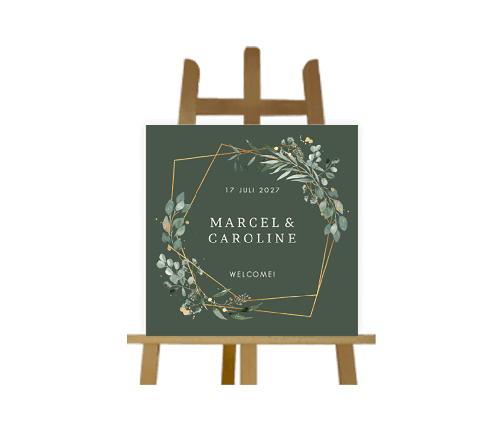 Vierkant bruiloftsbord met geometrische lijnen en groene takjes
