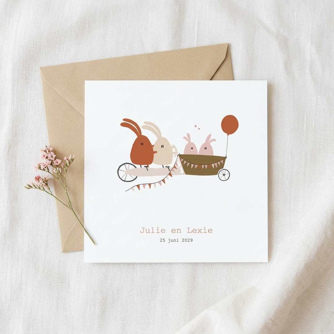 Geboortekaartje tweeling meisjes konijnen bakfiets