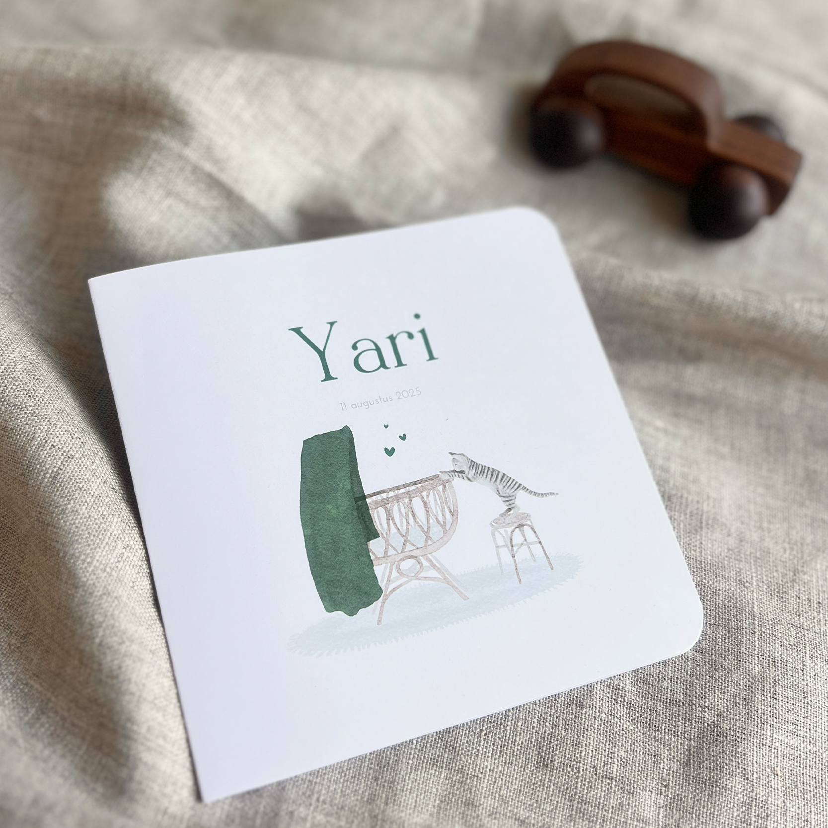 Geboortekaartje Jongen Wiegje Poesje Kat