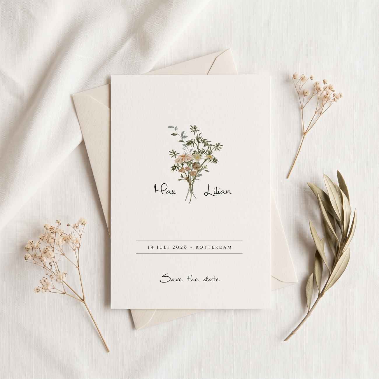 Save the Date kaart boeket takjes bloemen