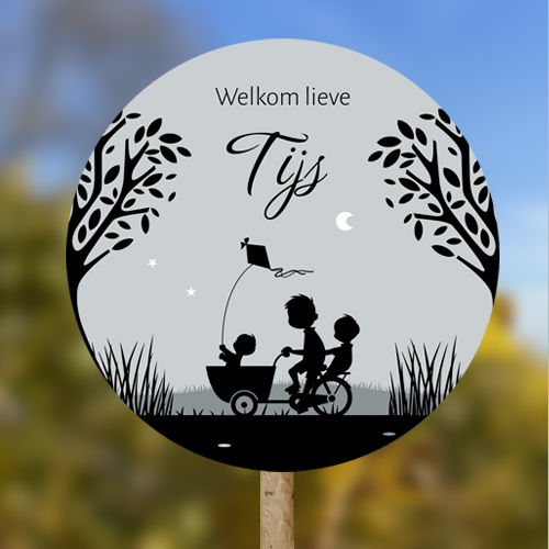 tuinbord rond drie kinderen silhouet bakfiets