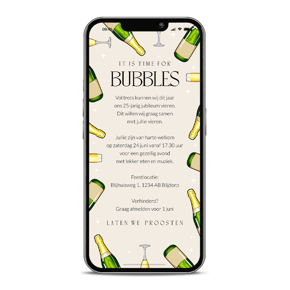 Digitale uitnodiging voor een borrel met champagne flessen en glazen 
