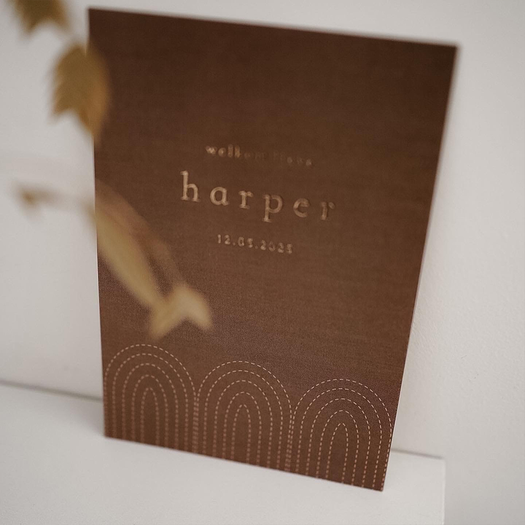 Geboortekaartje linnenlook bogen en rosefolie