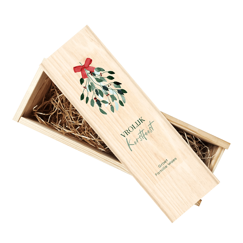 Wijnkist met vrolijke kersttak en strik
