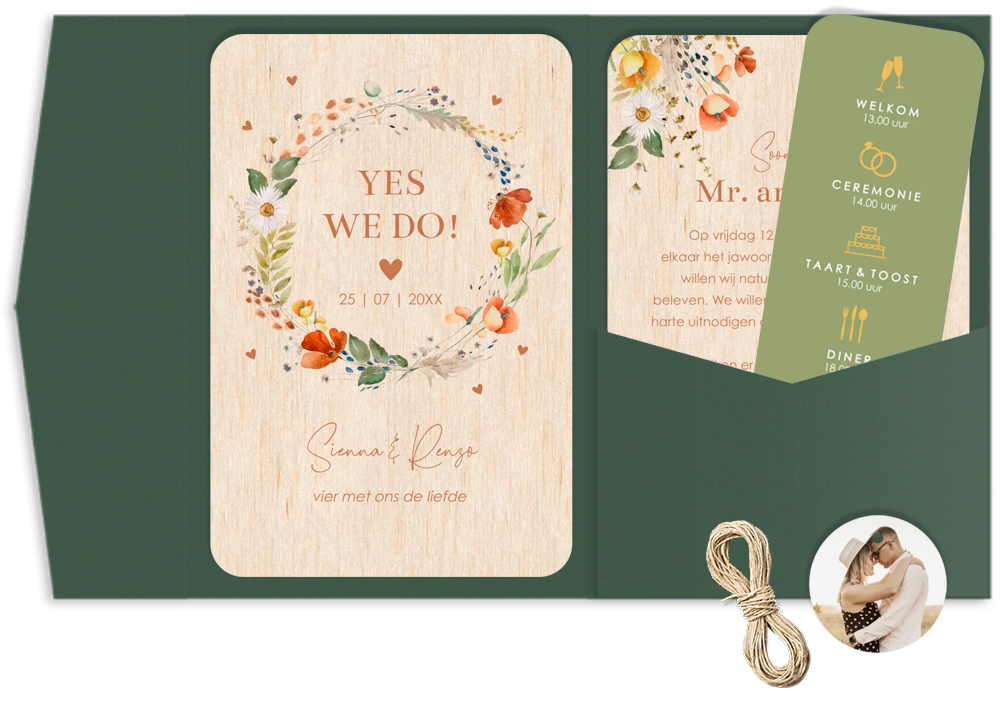 Pocketfold trouwkaart set veldbloemen houtlook goudfolie
