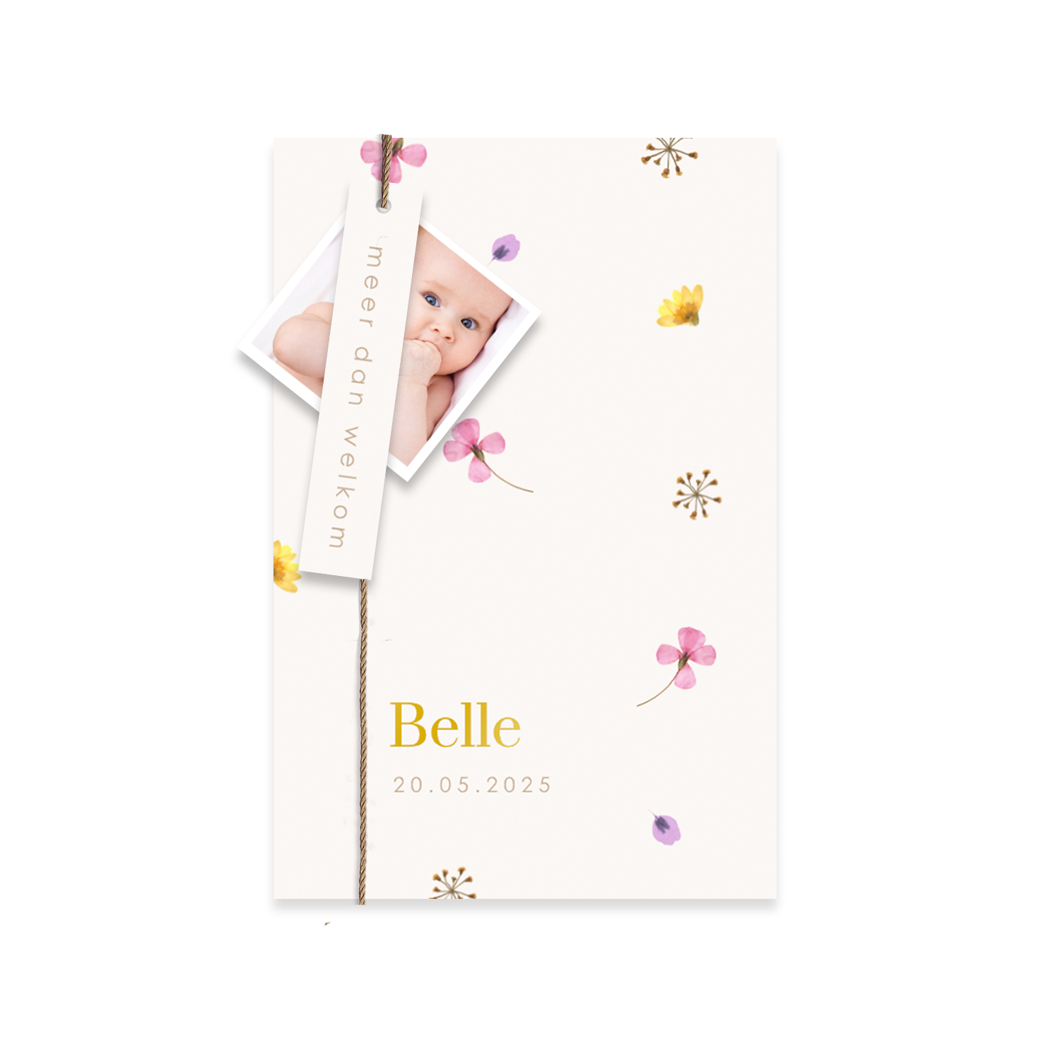Lief label geboortekaartje met bloemen, goudfolie en foto