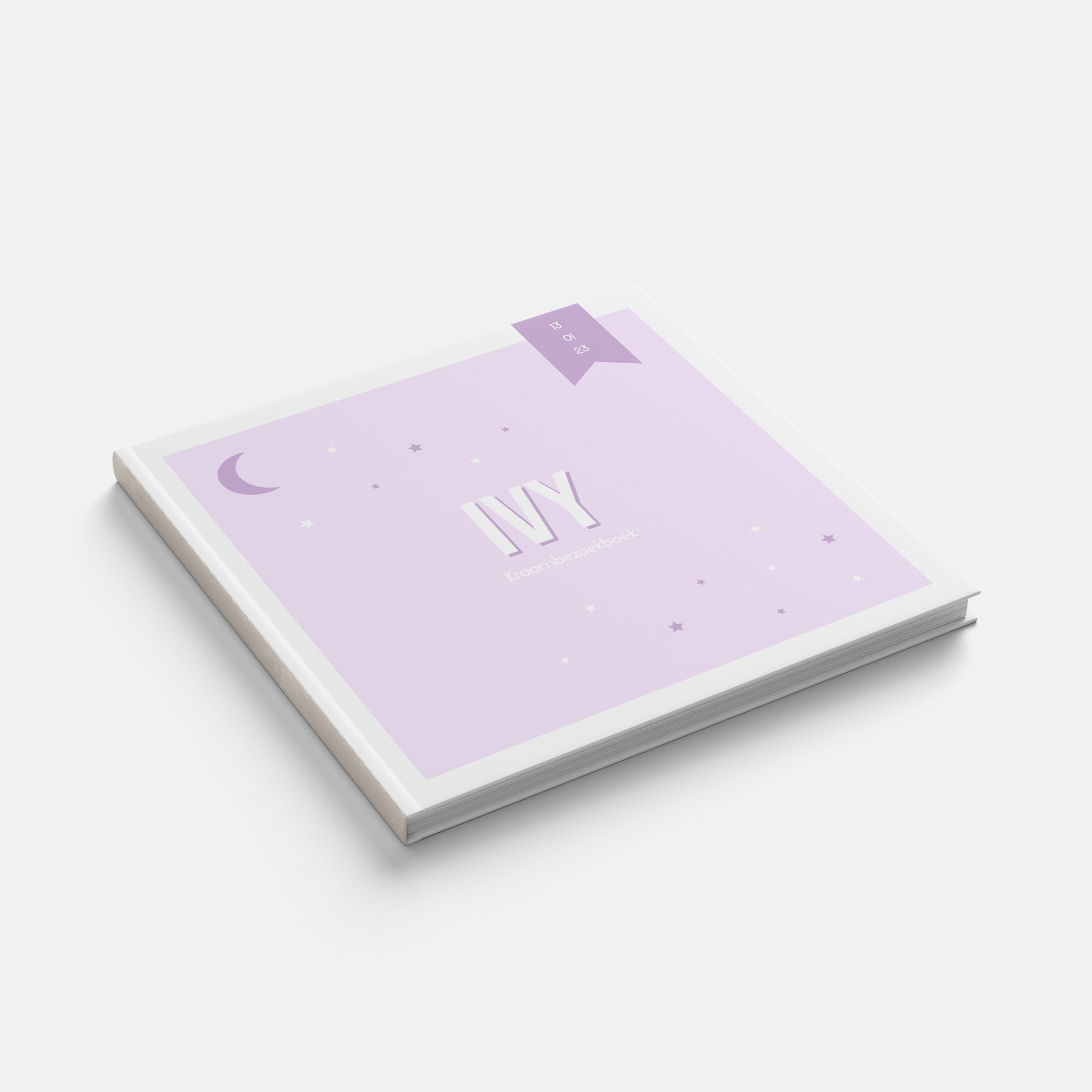 Vrolijk kraambezoekboek paars met sterretjes en labeltje