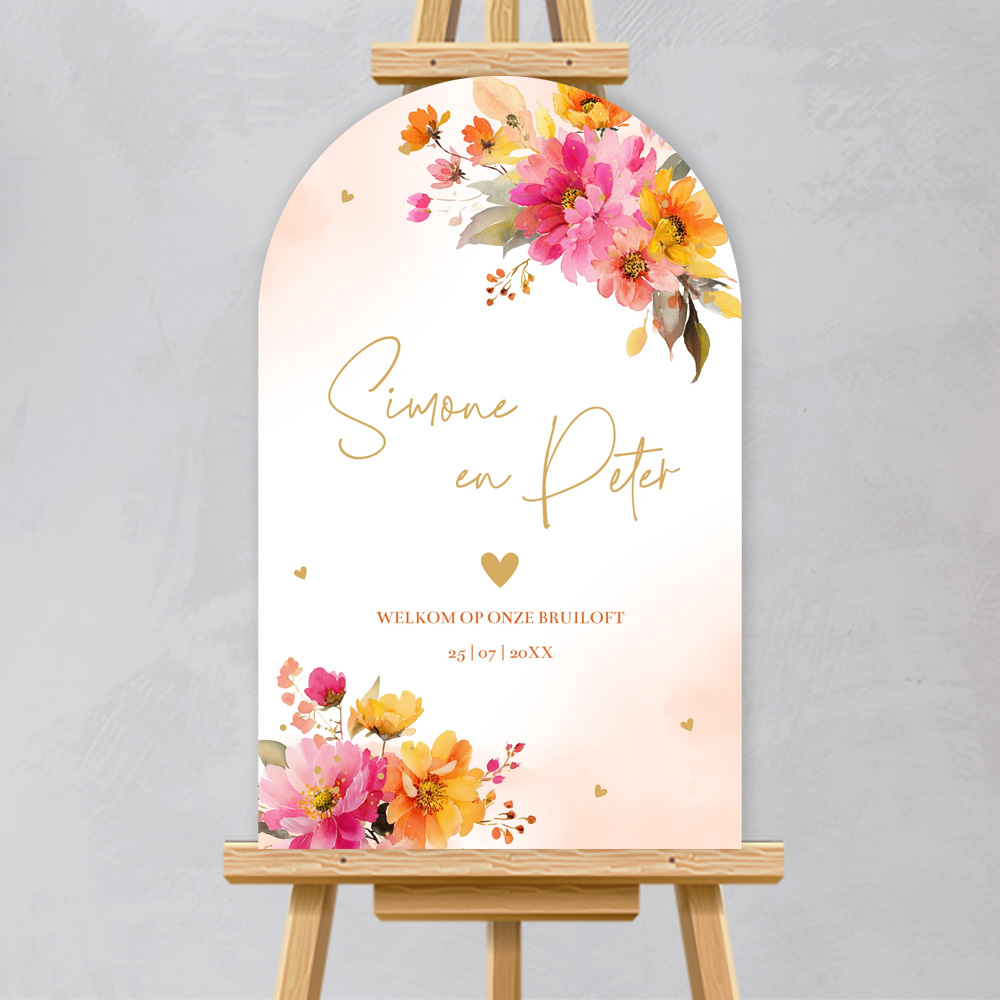 Welkomstbord bruiloft kleurrijke bloemen pink oranje boog vorm
