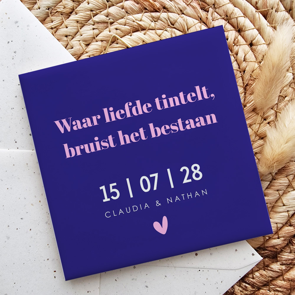 Tegeltje bruiloft blauw roze eigen tekst