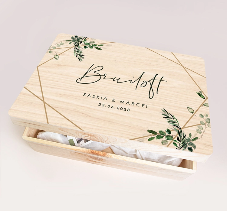 Houten bewaardoos bruiloft eucalyptus en geometrische lijnen