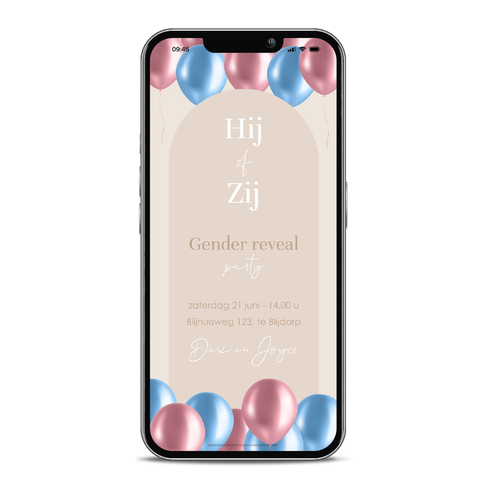 Gender reveal digitale uitnodiging met ballonnen