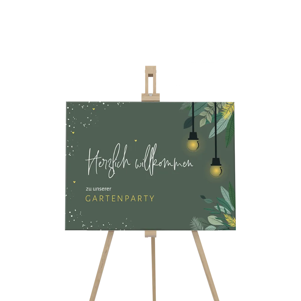 Willkommensschild in Grün mit Zweigen, Lichterkette und Herzchen