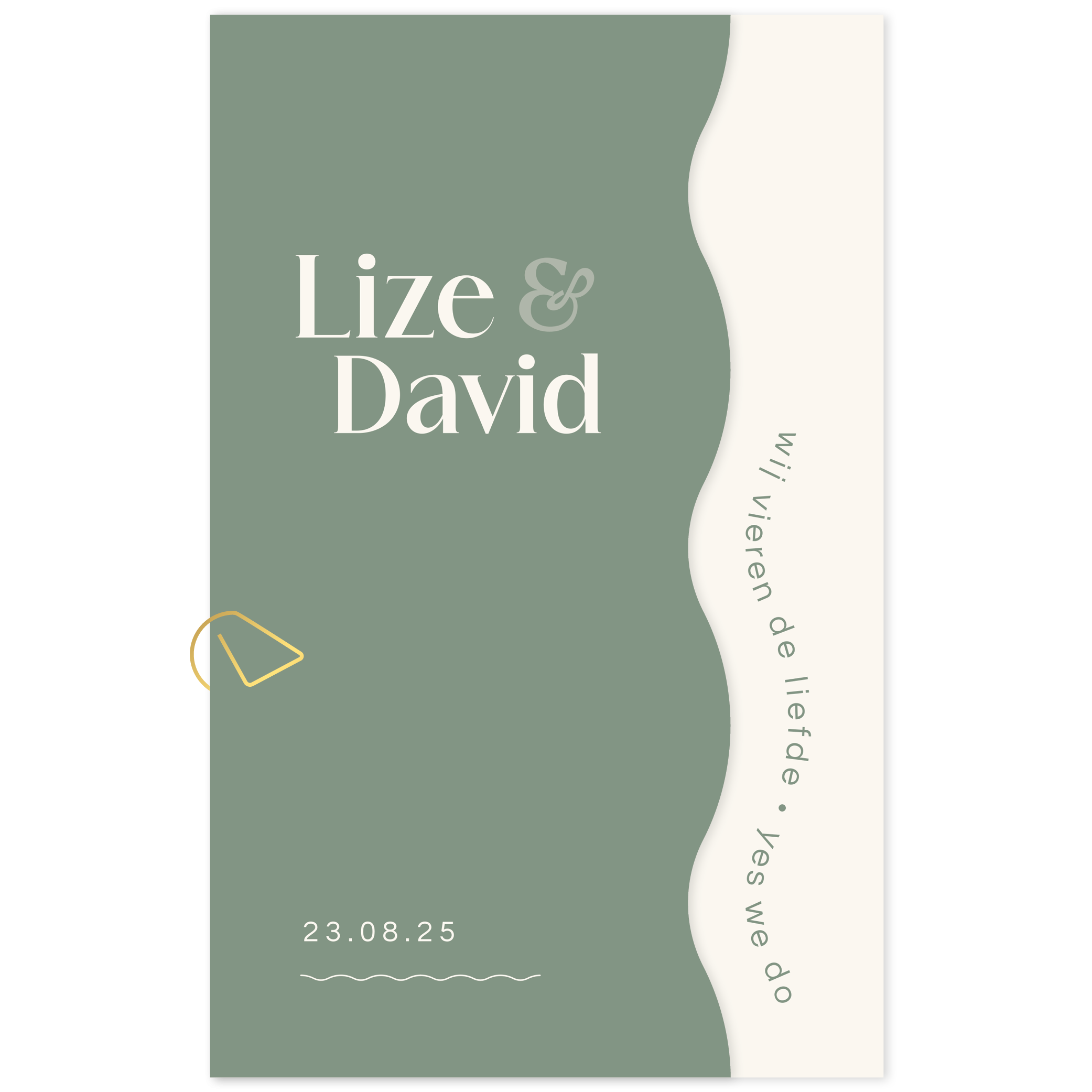 moderne trouwkaart met label in bijzondere vorm groen