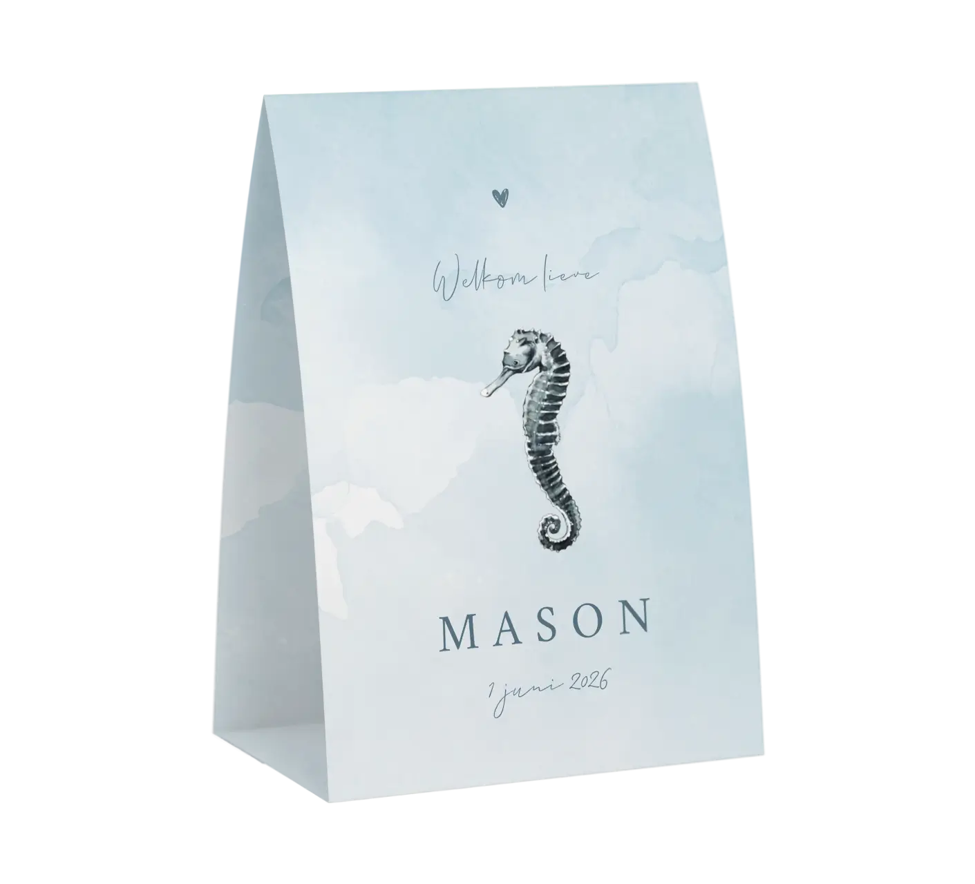 Blauw geboortekaartje met watercolour en zeepaardje in tentvorm