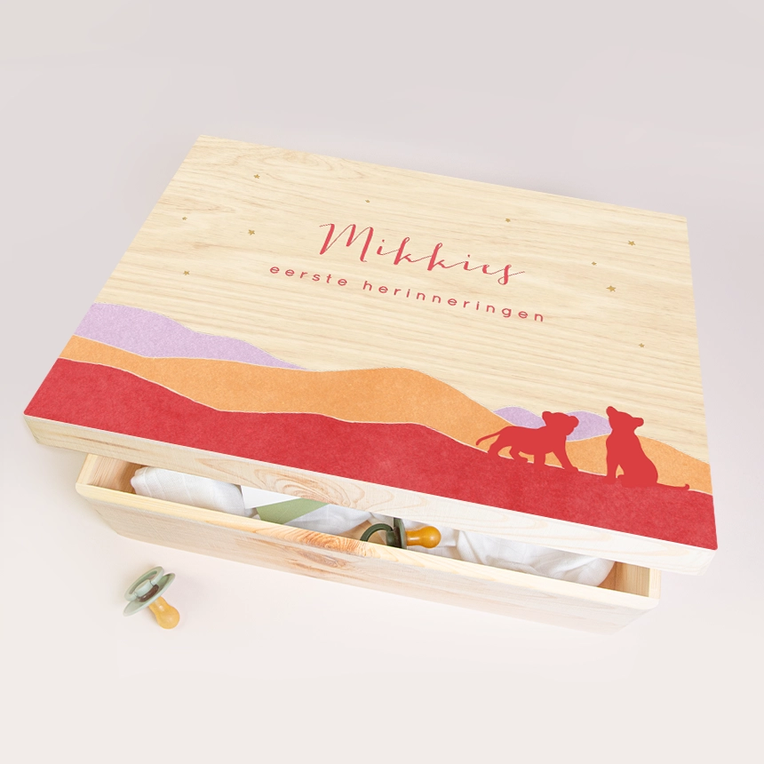 Memory box met kleurrijk heuvellandschap en welpjes