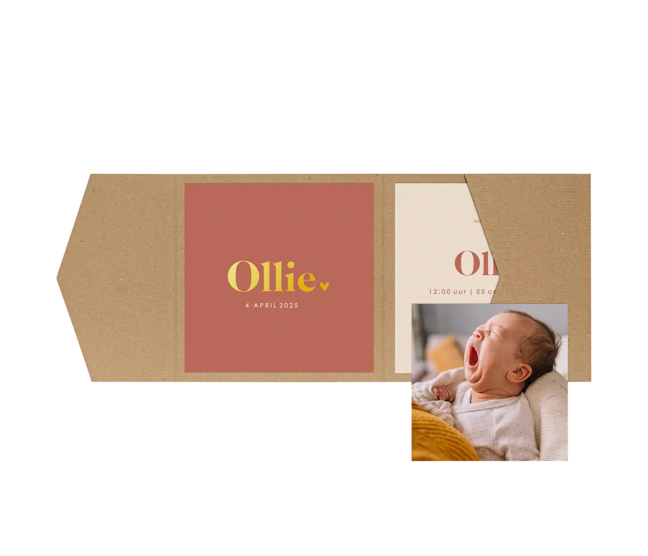 Pocketfold geboortekaartje roestkleur met goudfolie