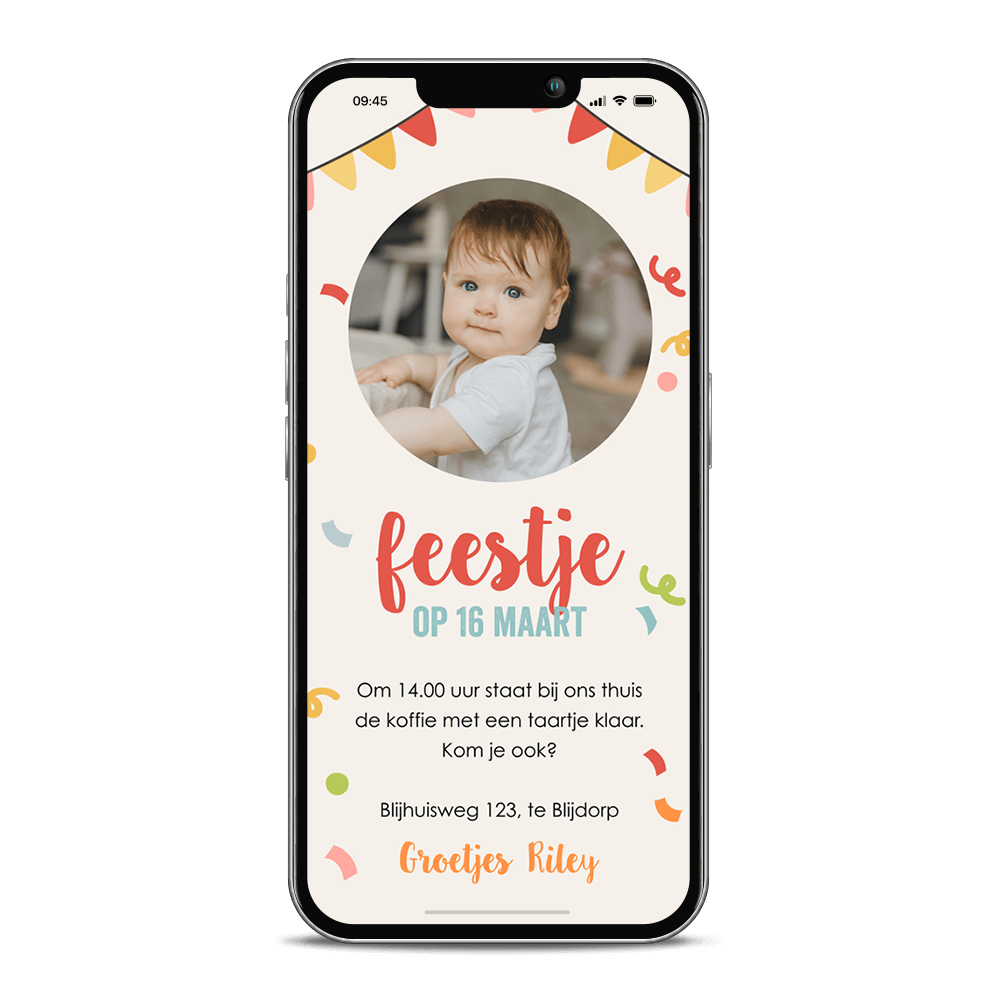 Digitale uitnodiging eerste verjaardag kind met slingers en foto