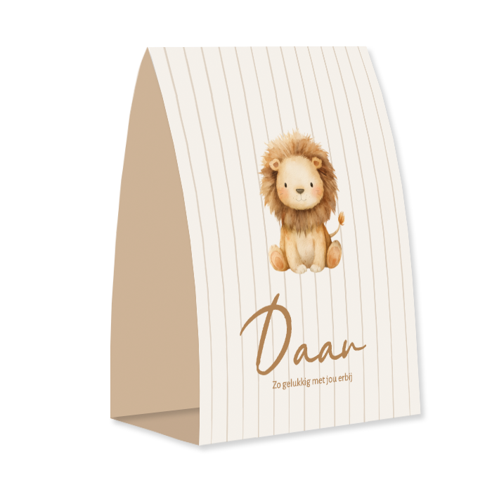 Lief geboortekaartje tentvorm met streep illustratie leeuwtje