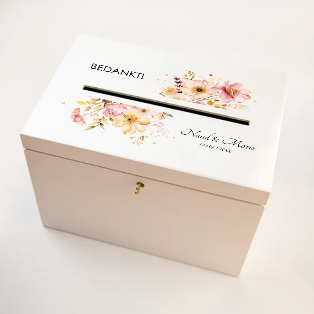 Enveloppenkist bruiloft bloemen roze geel