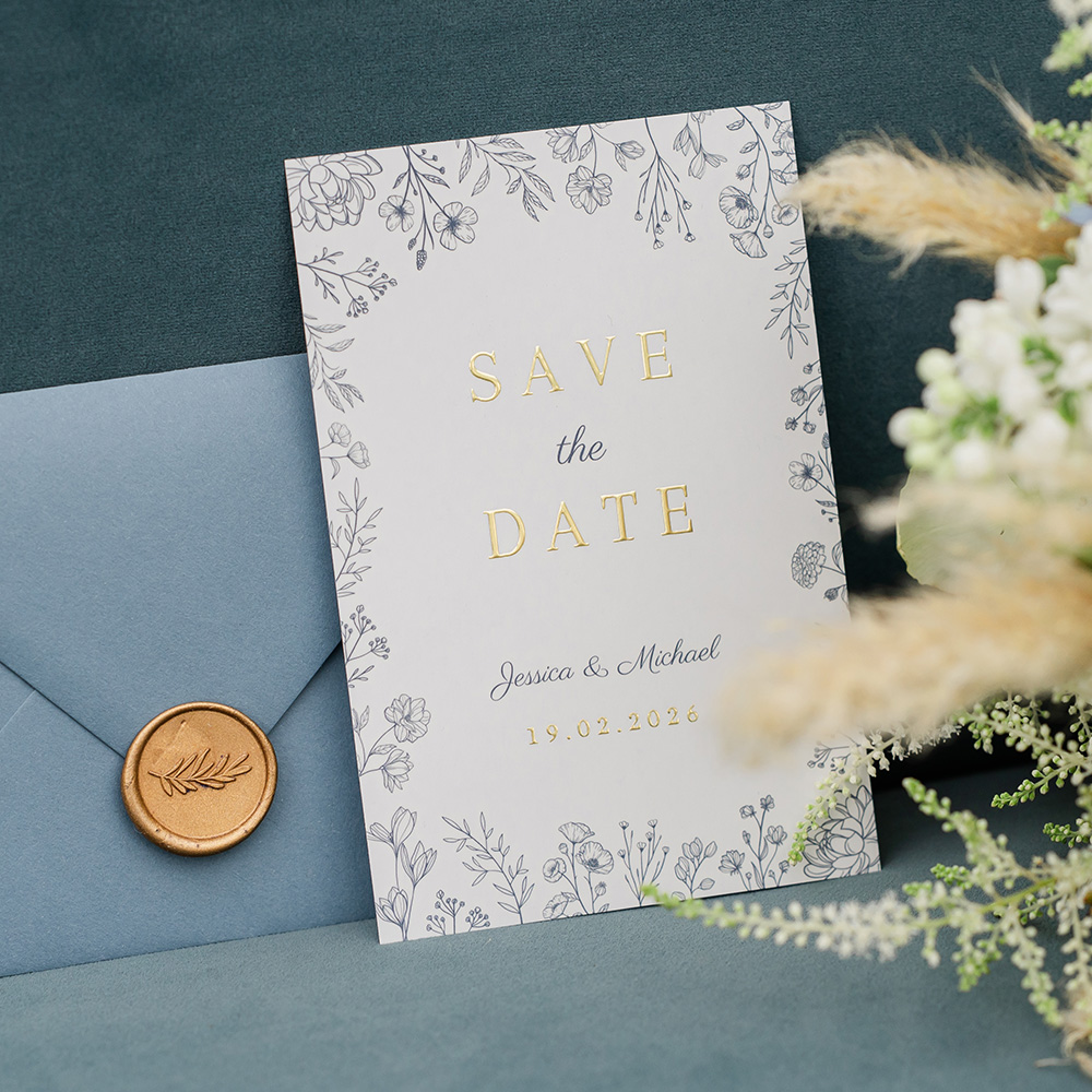 Save the date klassiek bloemen blauw