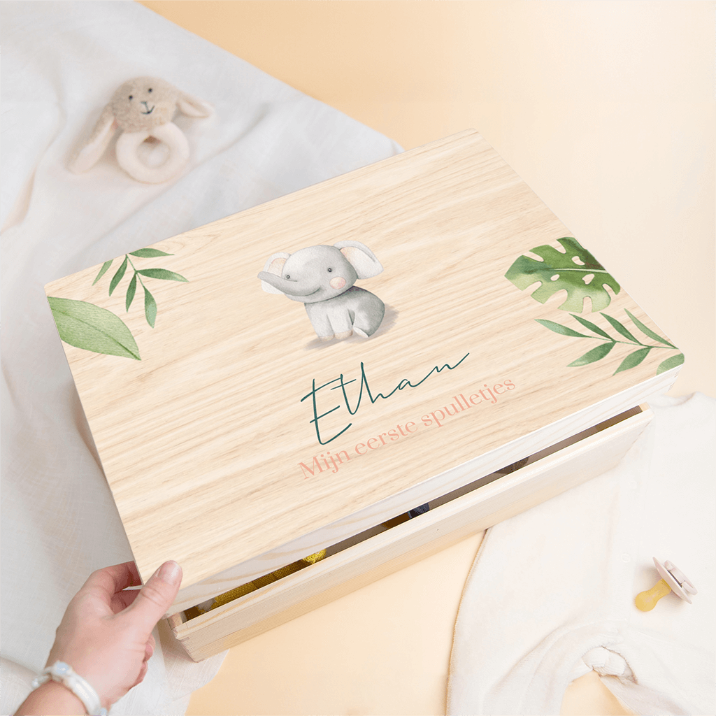 Houten bewaarkist olifantje jungle bladeren