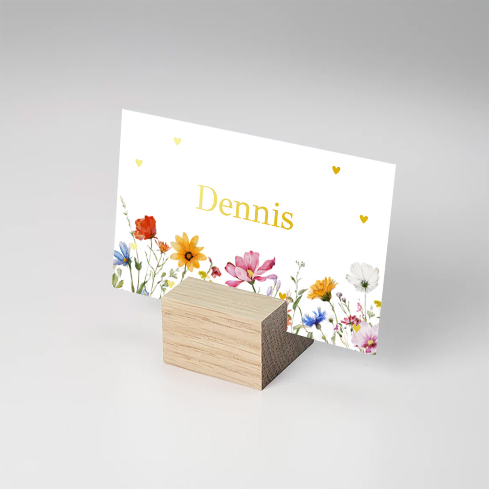 Naamkaartjes huwelijk wit veldbloemen kleurrijk goudfolie