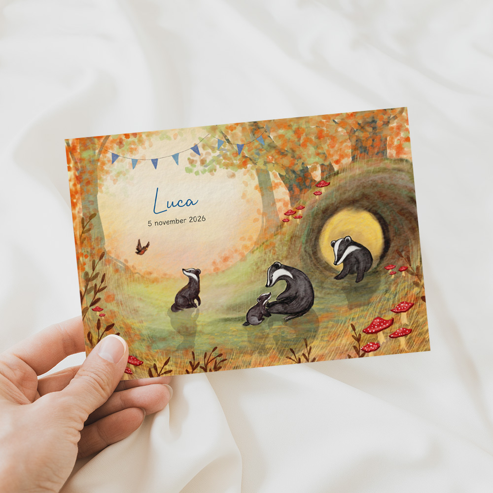 Geboortekaartje herfstbos met familie dassen